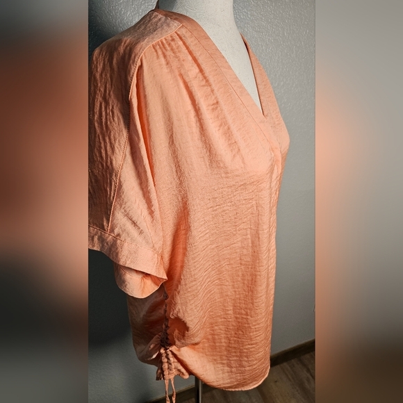 Chicos Peach V-Neck Silky Short Sleeve Blouse - Picture 10 of 16